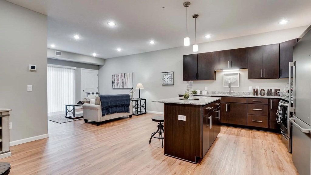 an open living room with a kitchen and a living room.  Circle Pines, MN Lexington Lofts