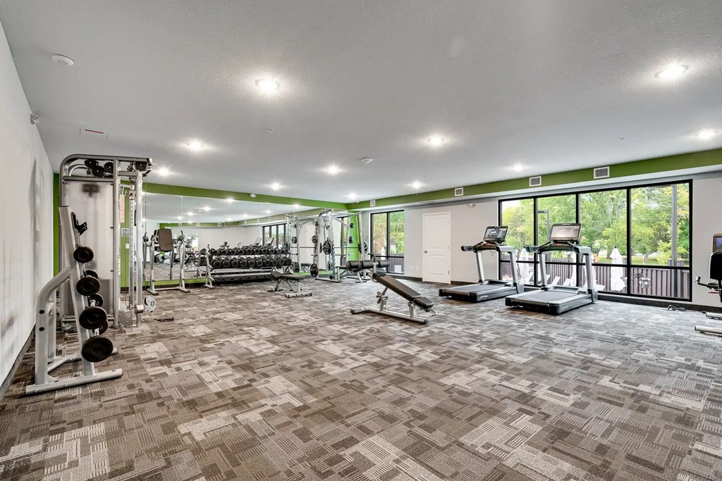 the gym is equipped with weights and cardio equipment and windows. Circle Pines, MN Lexington Lofts