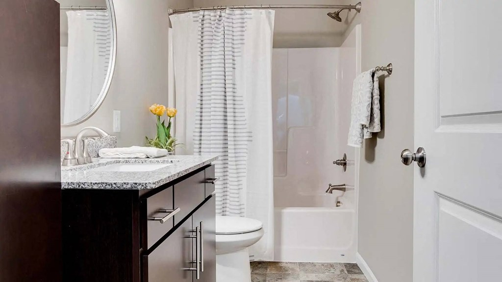 a bathroom with a sink and a toilet and a shower. Circle Pines, MN Lexington Lofts