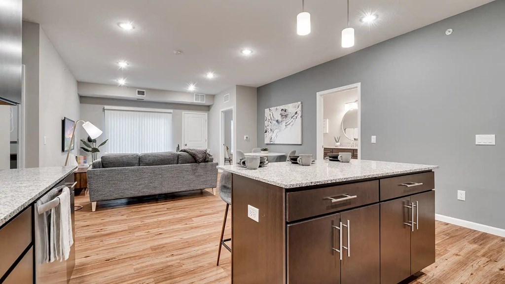 an open kitchen and living room with a couch in the background. Circle Pines, MN Lexington Lofts