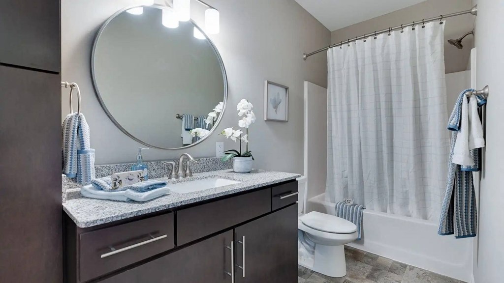 a bathroom with a sink and a toilet and a mirror. Circle Pines, MN Lexington Lofts