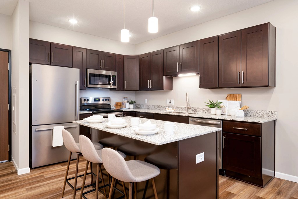full kitchen with stainless steel appliances and granite counter tops. Circle Pines, MN Lexington Lofts