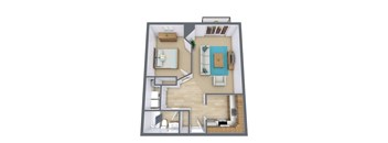 A 3D floor plan of a small apartment with two bedrooms and a living room.