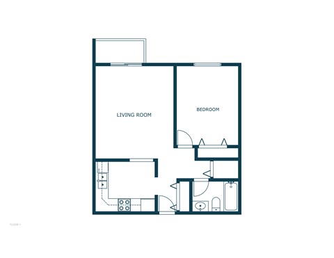 A floor plan of a room with a living room and bedroom.