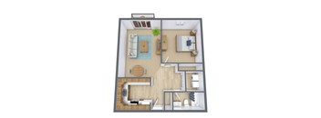 A 3D floor plan of a small apartment with a kitchen, living room, and bathroom.