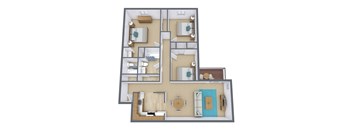 A 3D floor plan of a house with a kitchen, living room, and bathroom.
