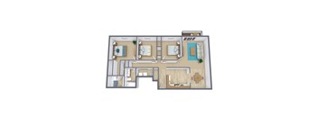A 3D floor plan of a house with a living room, kitchen, dining room, and bedrooms.
