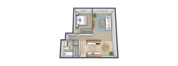 A 3D floor plan of a small apartment with a kitchen, living room, and bathroom.