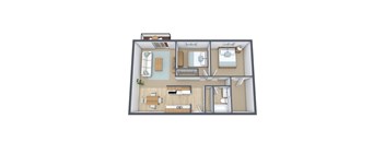 A 3D floor plan of a small apartment with a kitchen, living room, and bedroom.