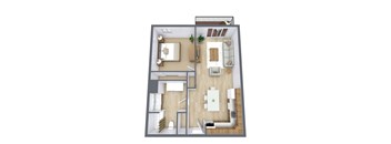 A 3D floor plan of a house with a kitchen, living room, and bedrooms.