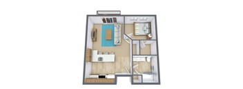 A 3D floor plan of a small apartment with a kitchen, living room, and bathroom.