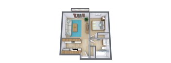 A 3D floor plan of a small apartment with a bedroom, living room, and bathroom.