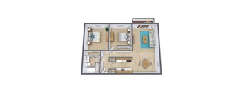 A 3D floor plan of a house with a kitchen, living room, and dining area.