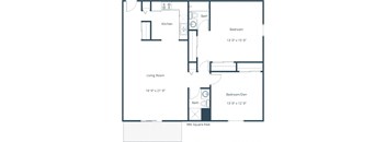 A floor plan of a small apartment with a living room, kitchen, and two bedrooms.