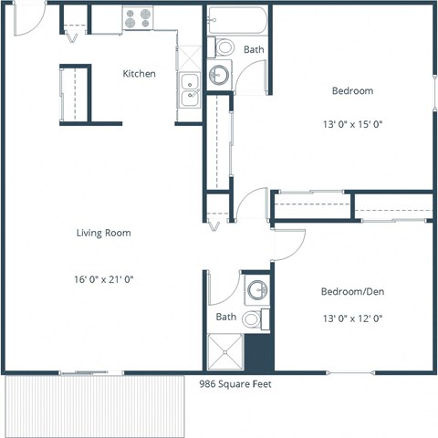 A floor plan of a small apartment with a living room, kitchen, and two bedrooms.