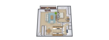 A 3D floor plan of a small apartment with a living room, kitchen, and bathroom.
