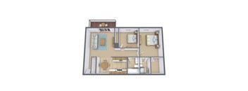 A 3D floor plan of a house with a kitchen, living room, and bathroom.