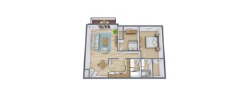 A 3D floor plan of a house with a kitchen, living room, dining room, and bathroom.