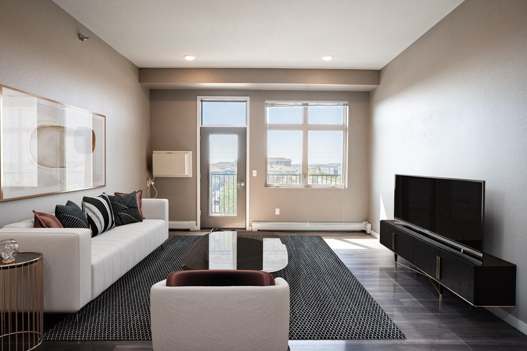 a living room with a white couch and a rug and a television. Fargo, ND 29 West Apartments