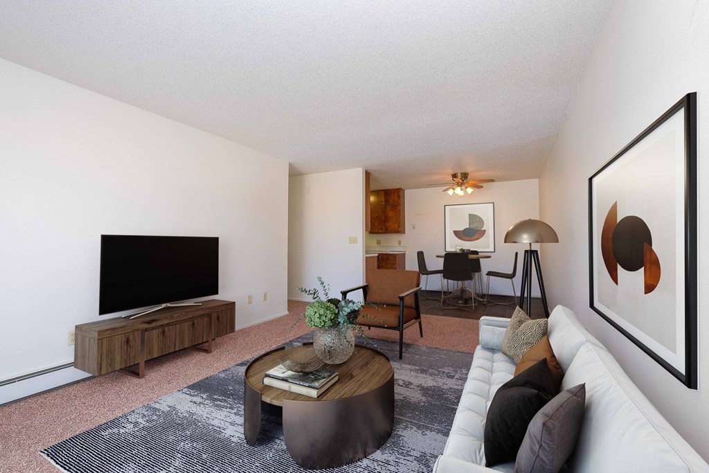 a living room with a white couch and a television. Fargo, ND Betty Ann Apartments