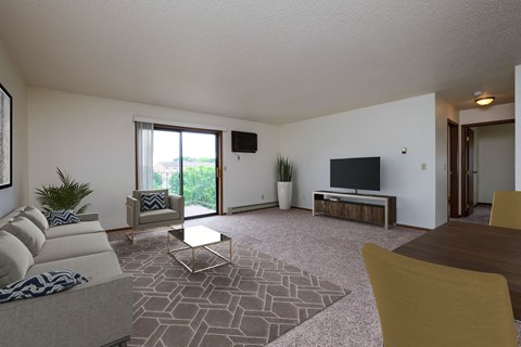 a living room with a couch and a coffee table and a television