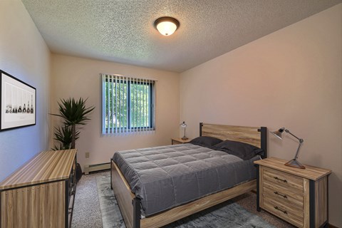 a bedroom with a bed and a dresser and a window. Fargo, ND Chestnut Ridge Apartments