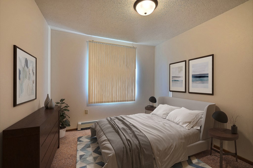 a bedroom with a bed and a dresser and a window