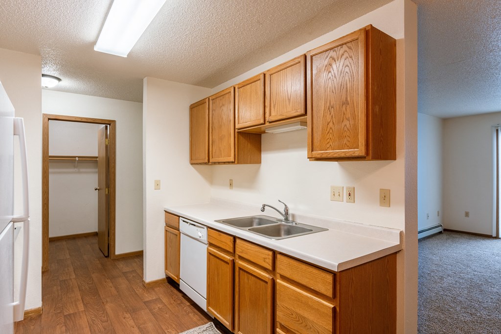an empty kitchen with a sink and wooden cabinets. Fargo, ND Country Edge Apartments