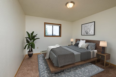 Fargo, ND Dynasty Apartments a bedroom with a large bed and a potted plant