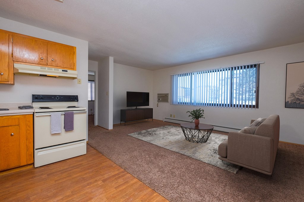 Fargo, ND Morningside Apartments. A living room with a couch, tv, and a coffee table. A long window brightens the room with natural light.