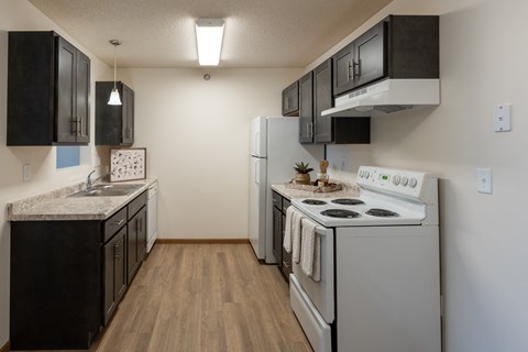 a kitchen with white appliances and black cabinets and a white refrigerator