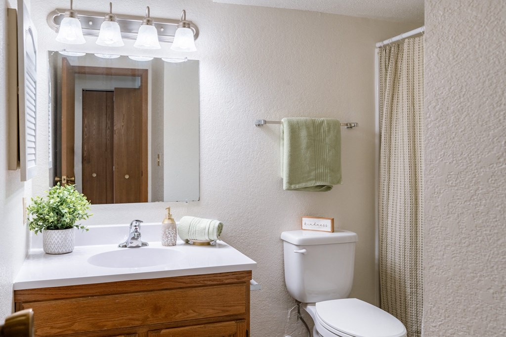 a bathroom with a toilet and a sink and a mirror. Fargo, ND Place One Apartments