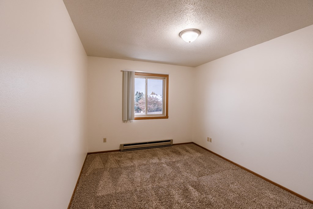 an empty living room with carpet and a window. Fargo, ND Sargent Apartments