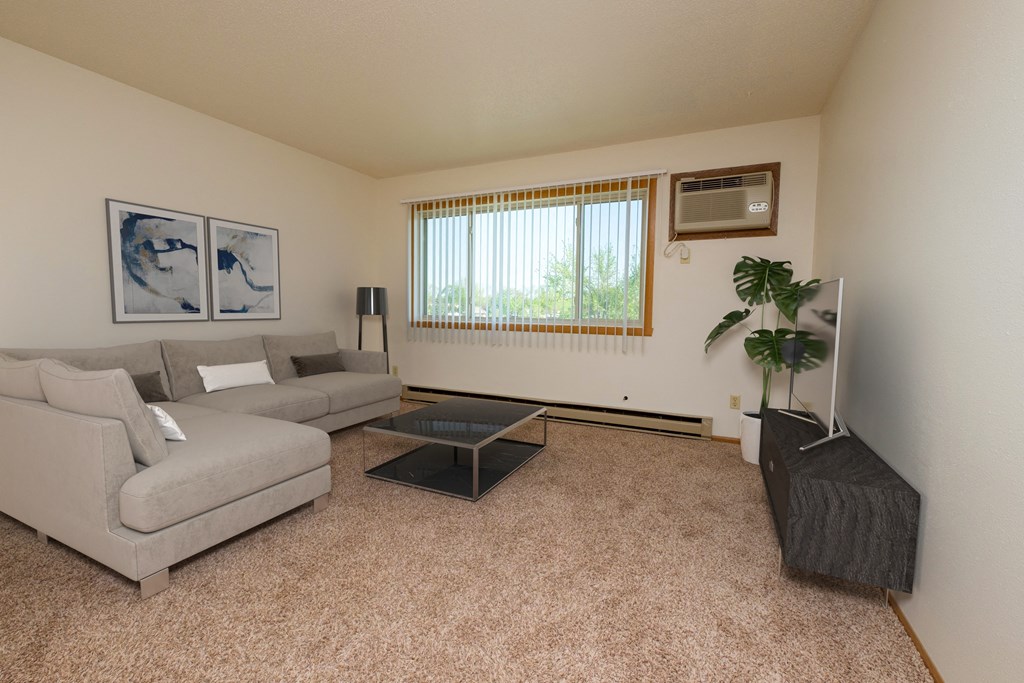 a living room with a couch, coffee table, and tv with a window. Fargo, ND Southwind Apartments