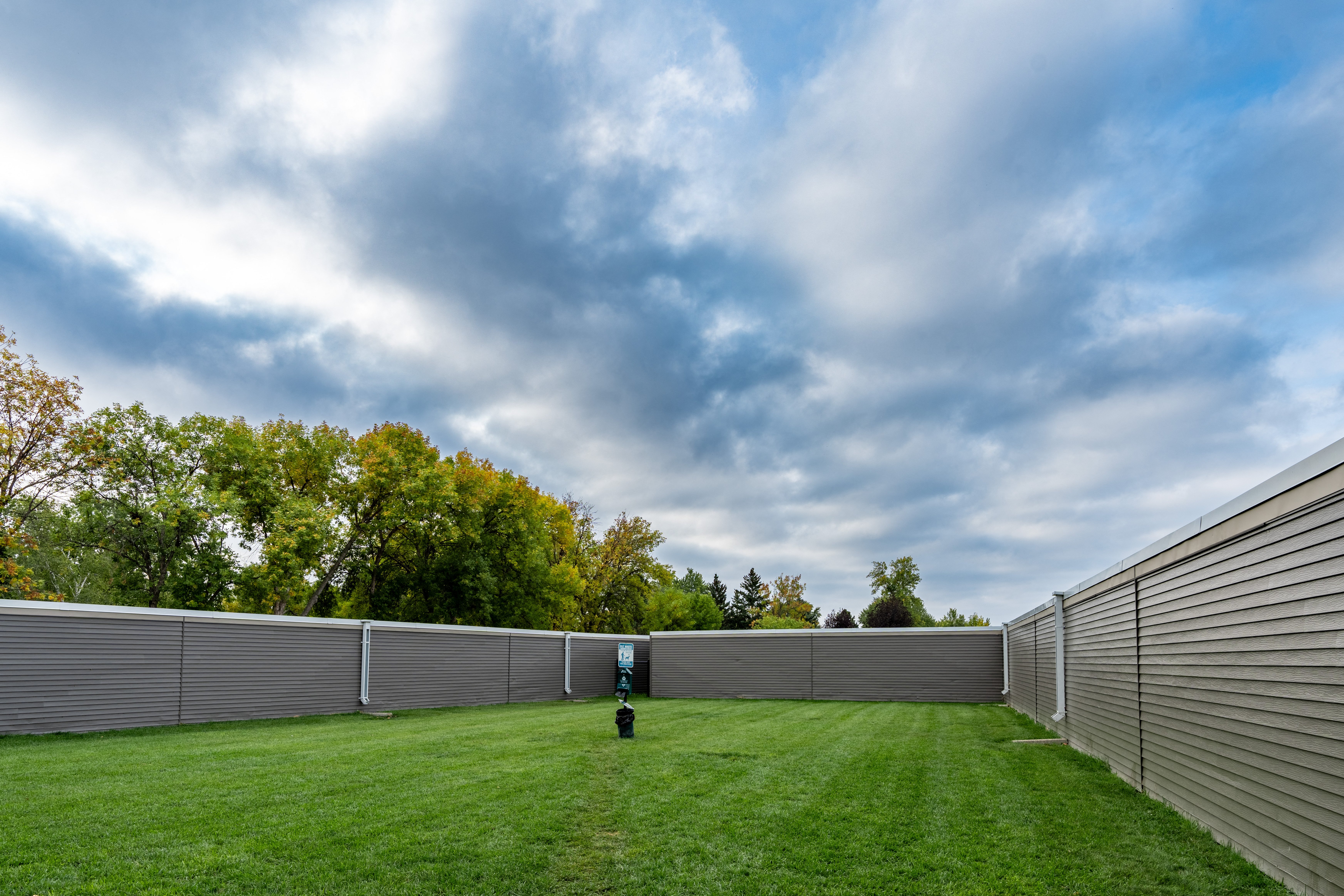 Fargo, ND Summerfield Apartments. A backyard with a fence and a dog in the grass