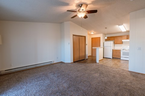 a living room with a kitchen and closet in the background. Fargo, ND Sunwood Apartments