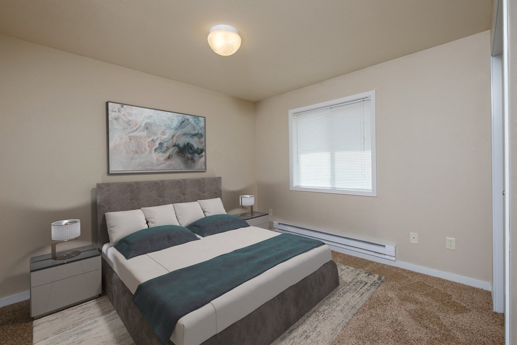 Fargo, ND Thunder Creek Apartments. A bedroom with a bed, window, and two nightstands