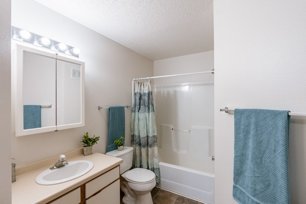 a bathroom with sink toilet and shower. Fargo, ND Thunder Creek Apartments