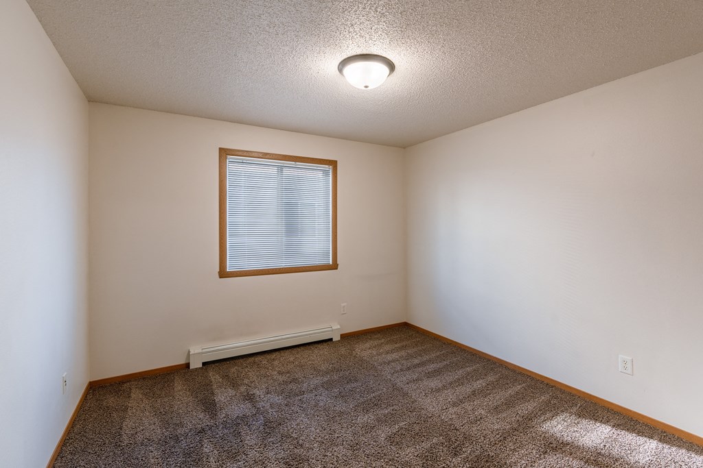 an empty living room with carpet and a window. Fargo, ND Thunder Creek Apartments
