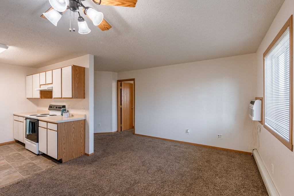 an empty living room with a kitchen with a stove and a sink. Fargo, ND Thunder Creek Apartments