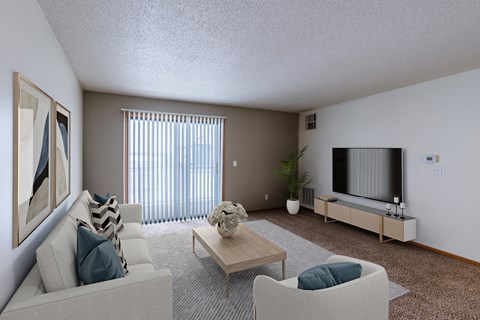 Fargo, ND Willow Park Apartments | Living a living room with a couch and a table and a television. Fargo, ND Willow Park Apartments