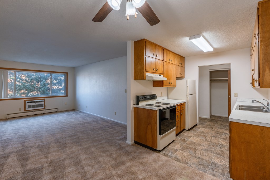 an empty kitchen and living room with a stove refrigerator and sink