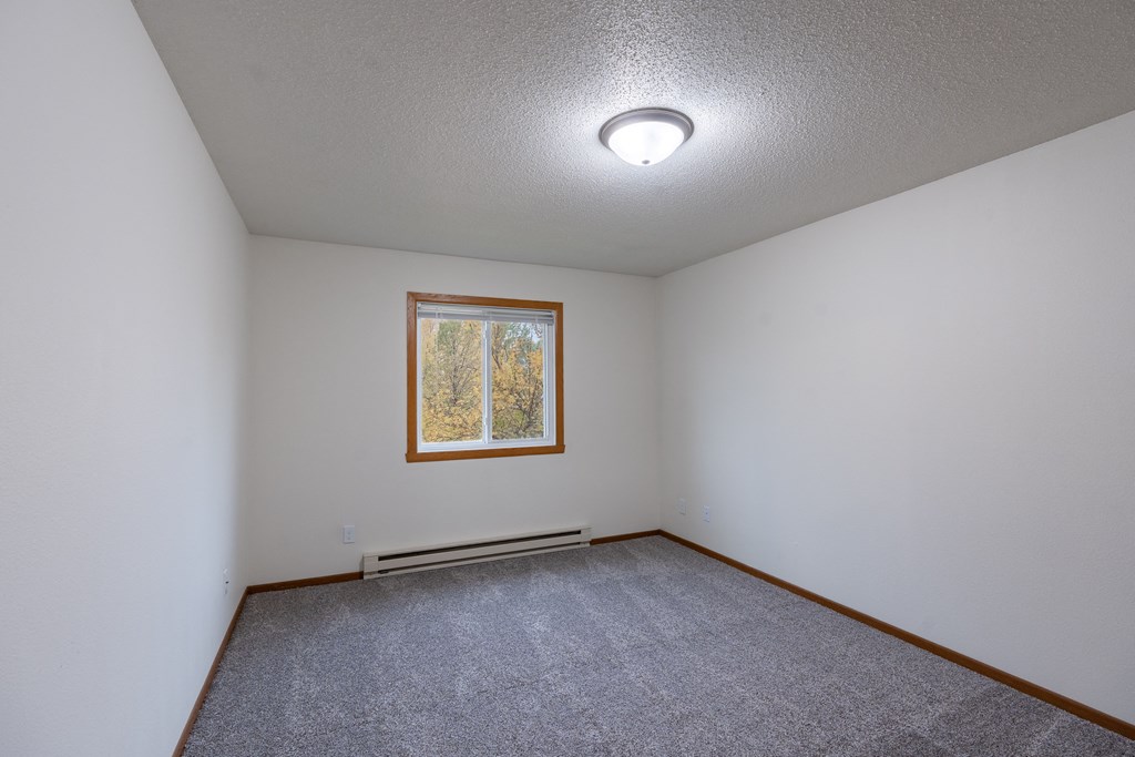the living room of an empty house with carpet and a window. Fargo, ND Brownstone Apartments