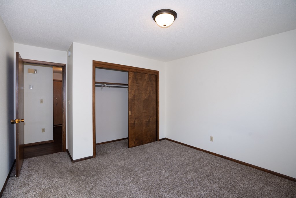 an empty room with carpet and a door to a closet