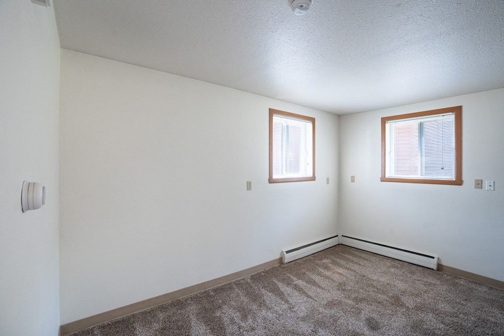 the living room of an empty house with carpet and two windows. Fargo, ND Forest Avenue Apartments