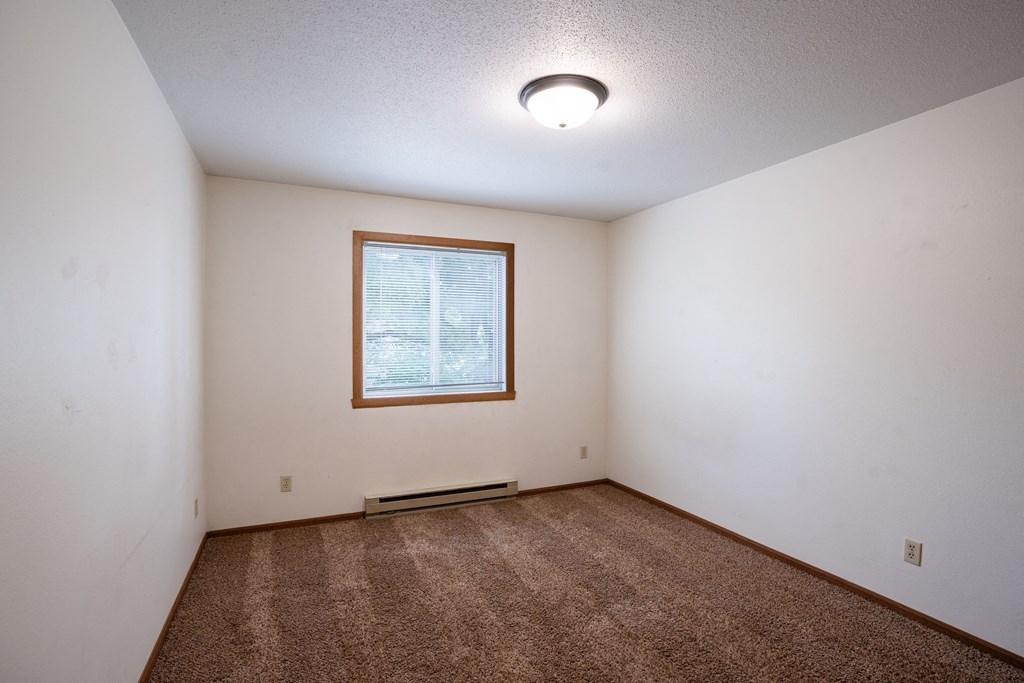 an empty living room with carpet and a window. Fargo, ND Monticello Apartments