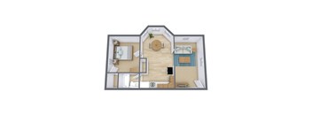 A top-down view of a house layout with a living room, kitchen, and bedrooms.