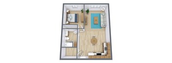 A top-down view of a living room with a couch, coffee table, and a plant.
