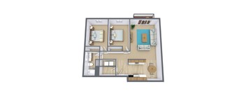 A 3D floor plan of a house with a living room, kitchen, and two bedrooms.