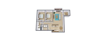A top-down view of a house layout with a kitchen, living room, and bathroom.